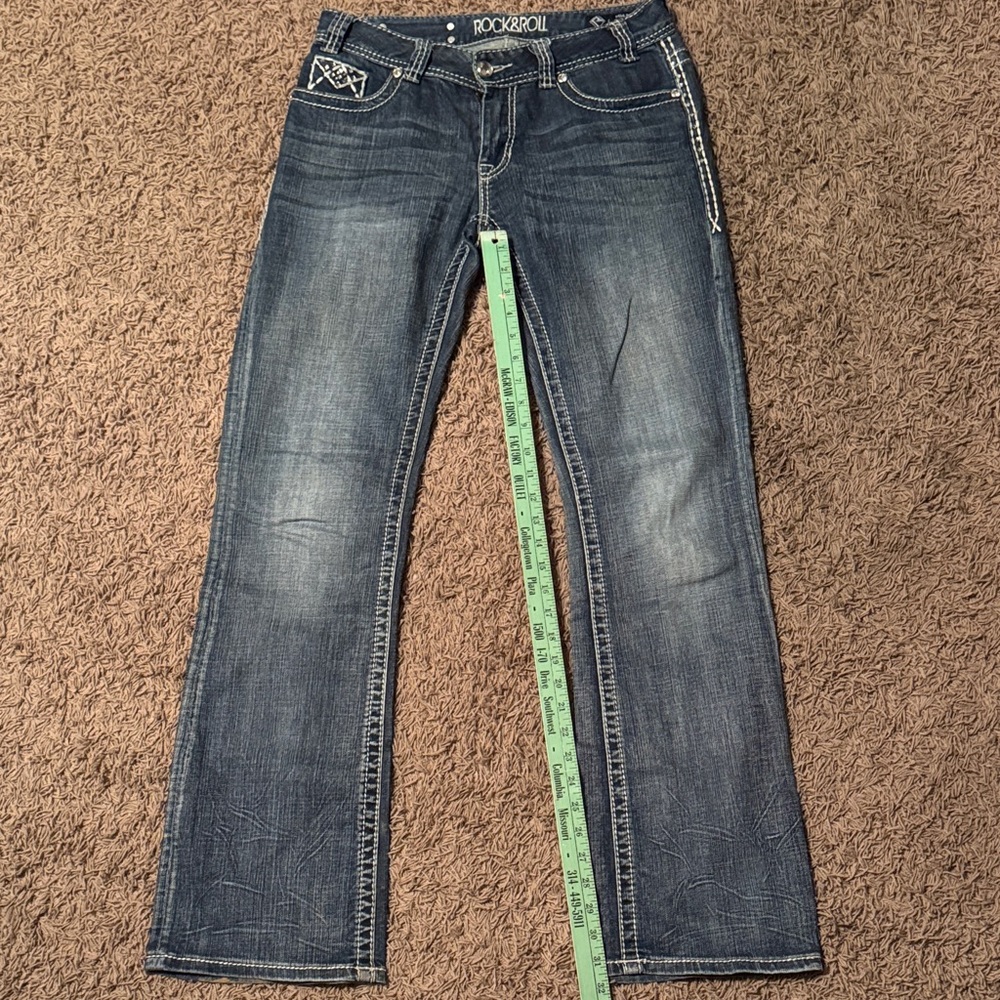 Rock & Roll Cowgirl Mid Rise Bootcut Jeans with White Contrast Stitching
